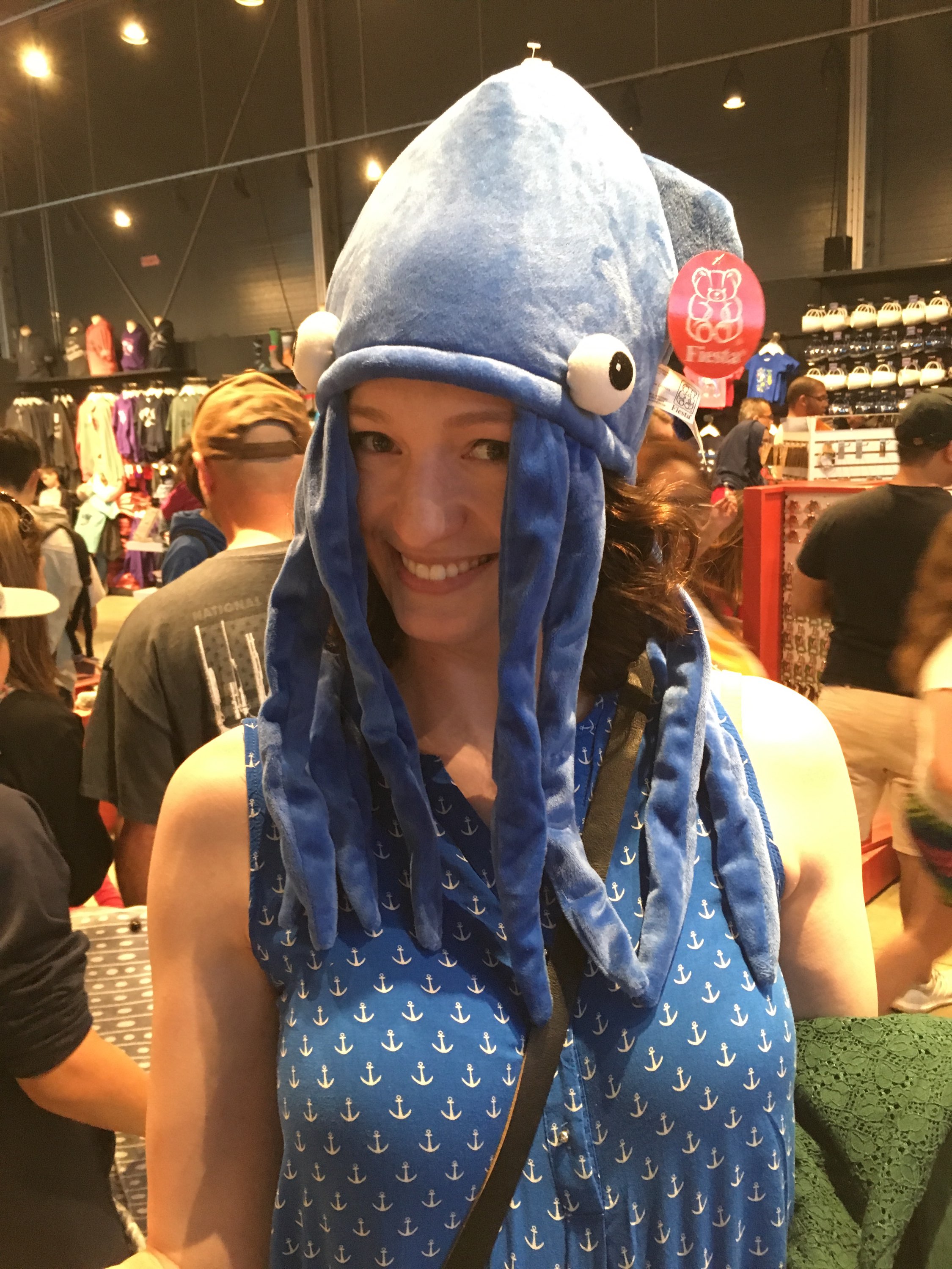 Katherine wearing a fabulous squid hat and rocking it
